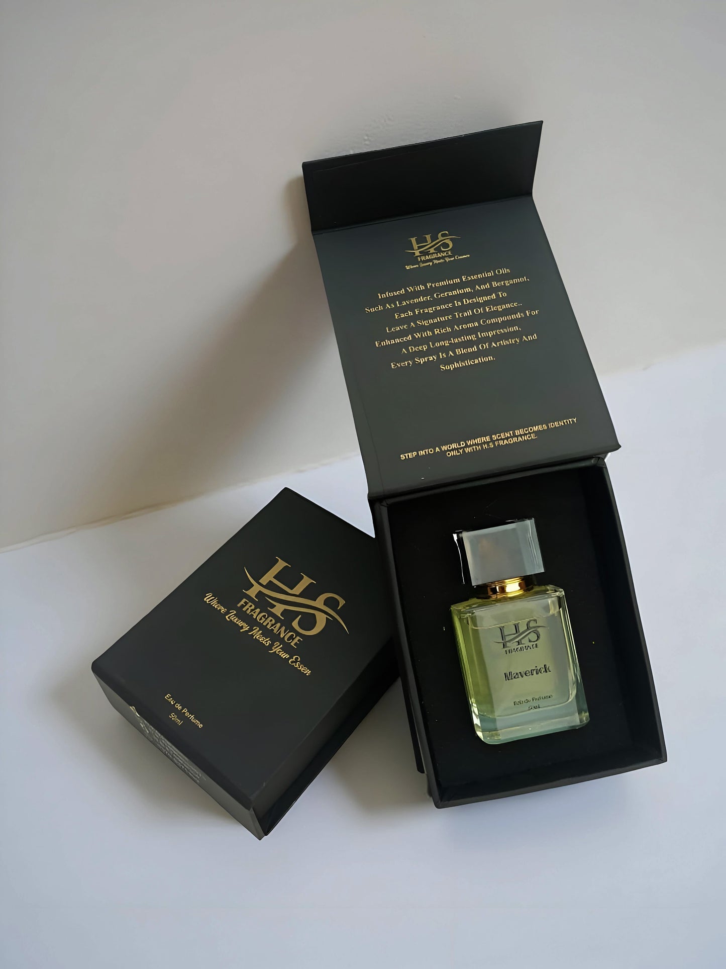 Perfume bottle with black box on a white background